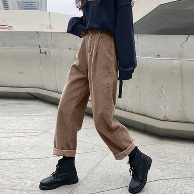 Pantalon taille haute en velours côtelé pour femmes | Baggy
