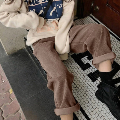 Pantalon taille haute en velours côtelé pour femmes | Baggy
