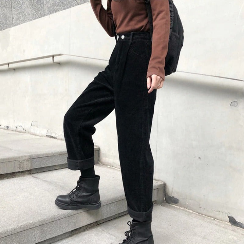 Pantalon taille haute en velours côtelé pour femmes | Baggy