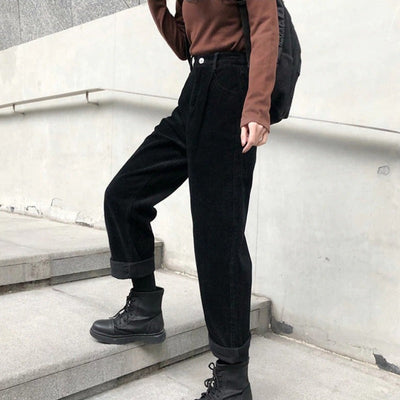 Pantalon taille haute en velours côtelé pour femmes | Baggy