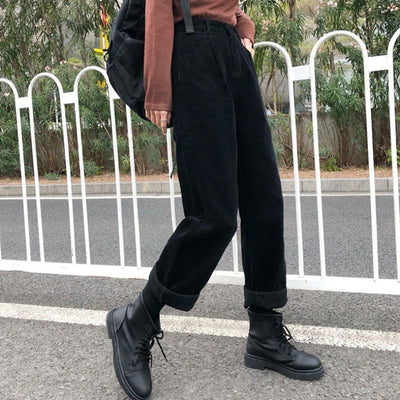 Pantalon taille haute en velours côtelé pour femmes | Baggy
