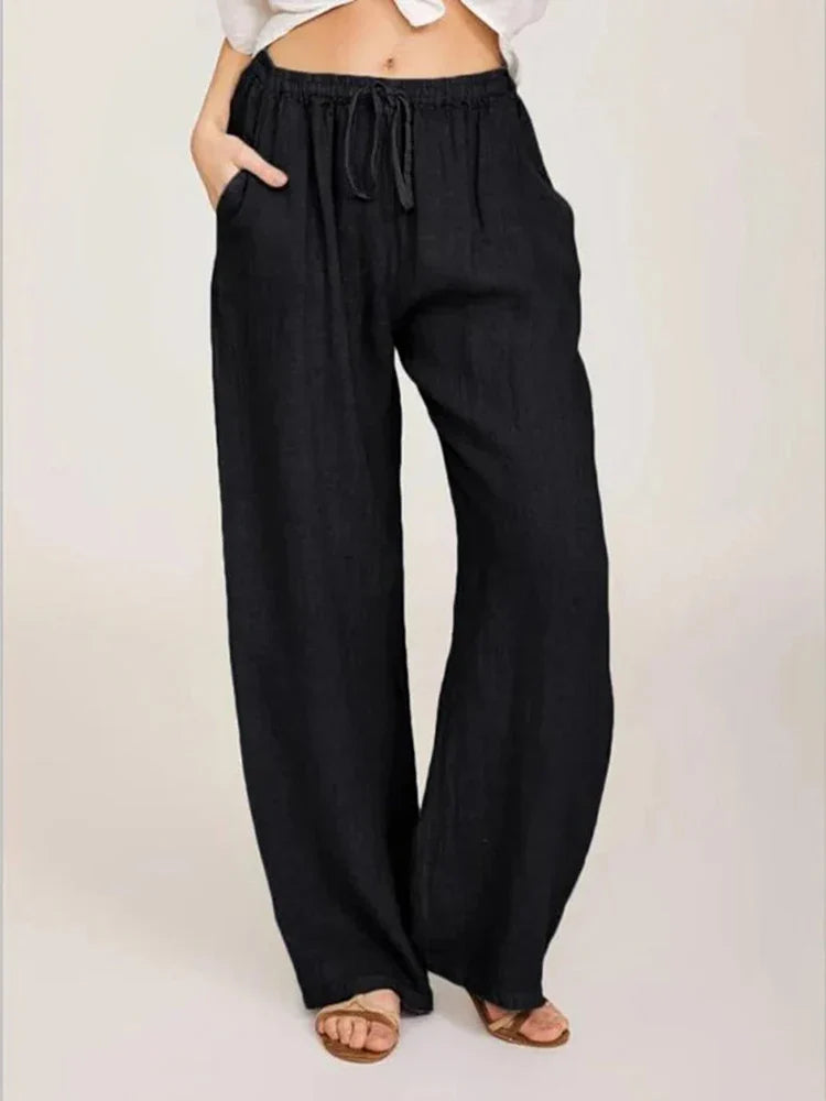 Pantalon de coton-lin pour femmes | taille haute