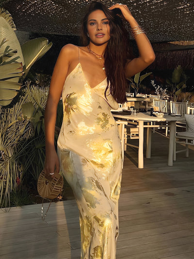 Robe élégante imprimée métallisée pour femmes | Maxi