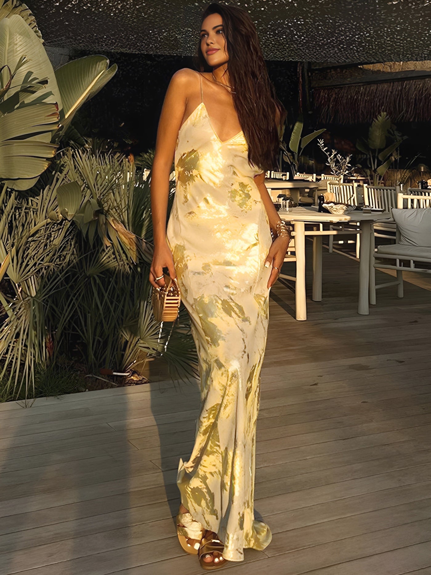 Robe élégante imprimée métallisée pour femmes | Maxi