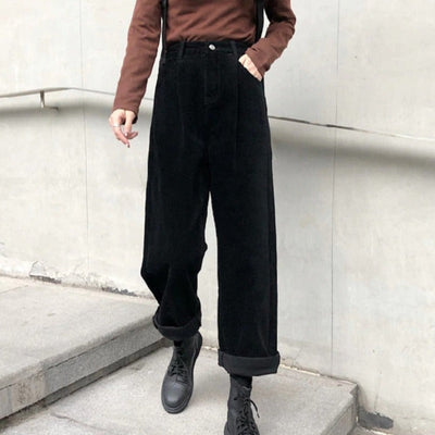 Pantalon taille haute en velours côtelé pour femmes | Baggy