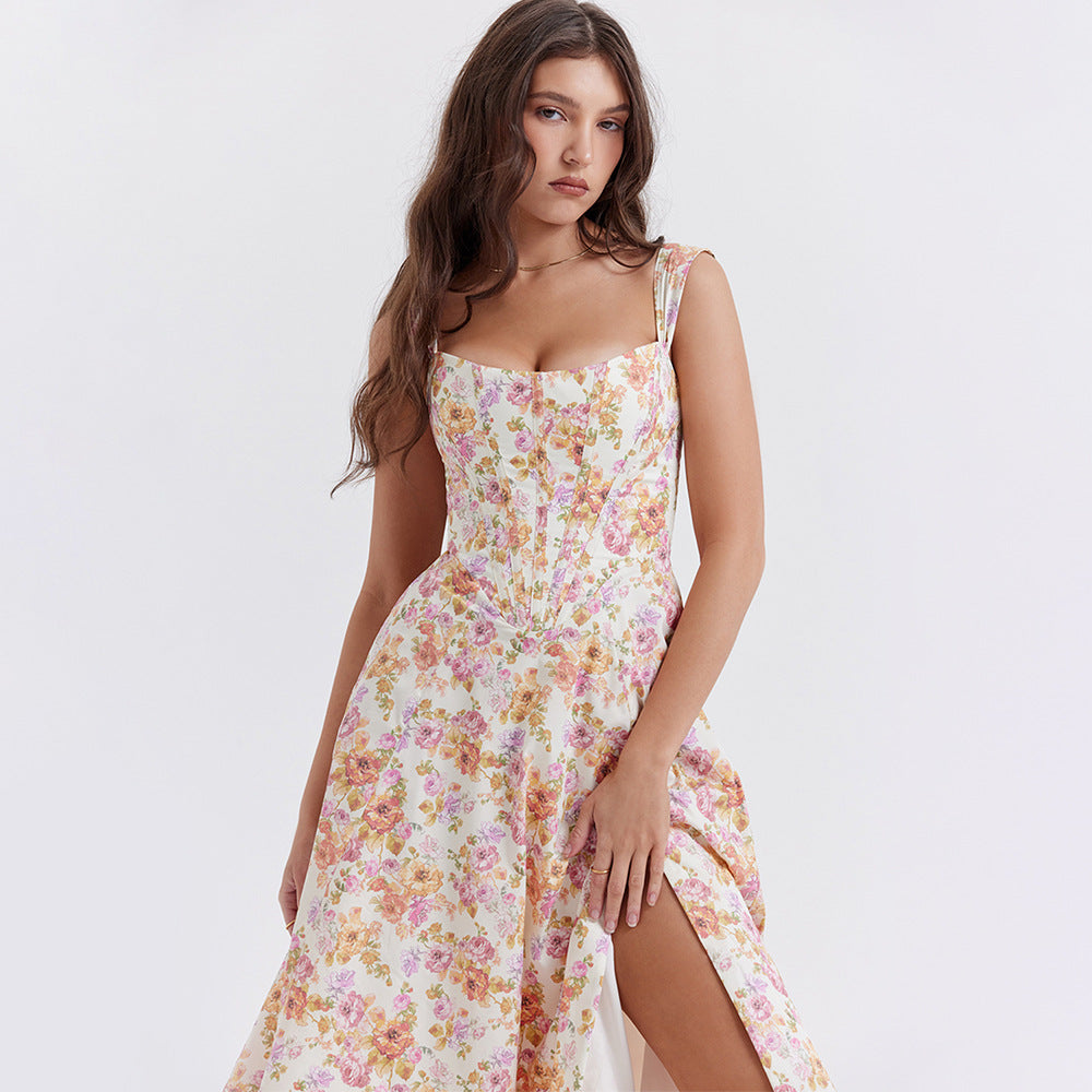 Robe Florale Élégante à Fente Haute pour Femmes | Midi