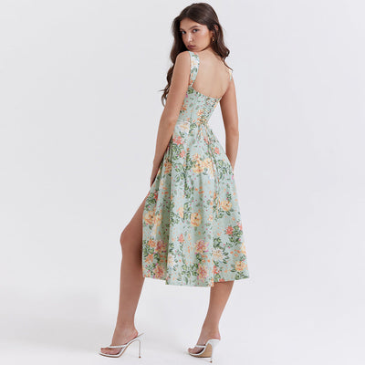 Robe Florale Élégante à Fente Haute pour Femmes | Midi