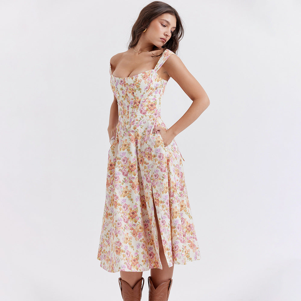 Robe Florale Élégante à Fente Haute pour Femmes | Midi