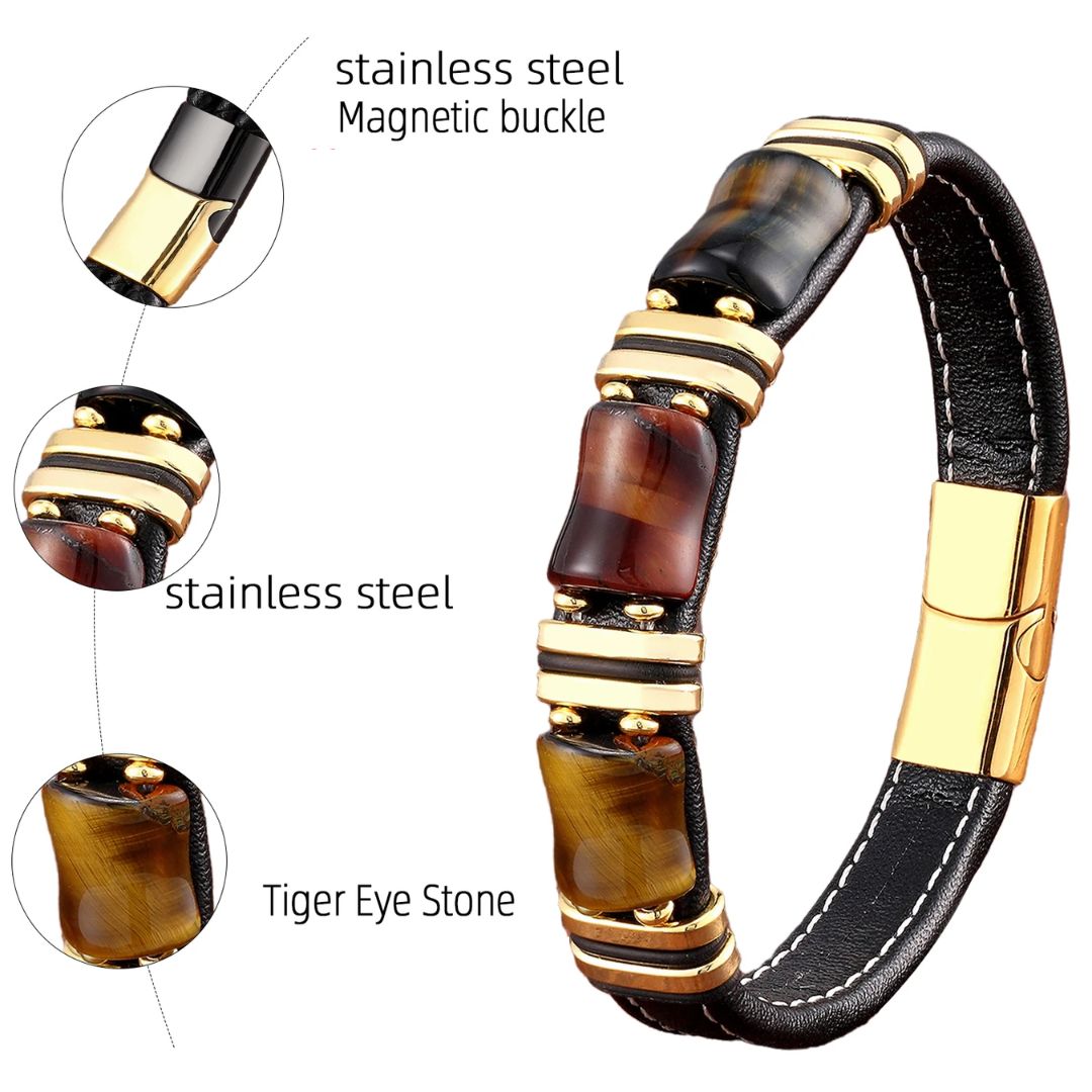 Bracelet homme en cuir avec pierre naturelle Oeil de tigre | Elegant