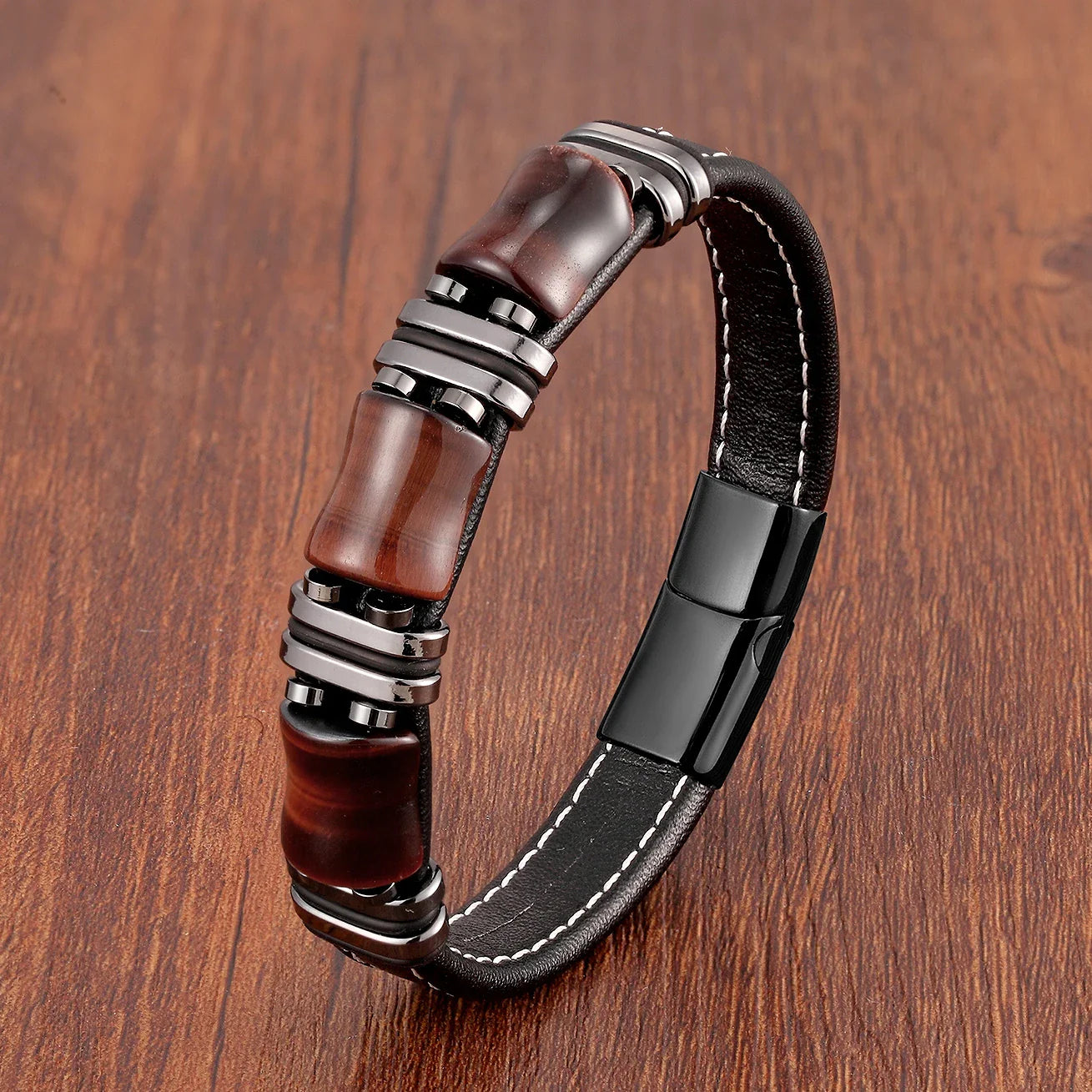 Bracelet homme en cuir avec pierre naturelle Oeil de tigre | Elegant