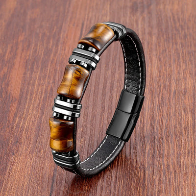 Bracelet homme en cuir avec pierre naturelle Oeil de tigre | Elegant