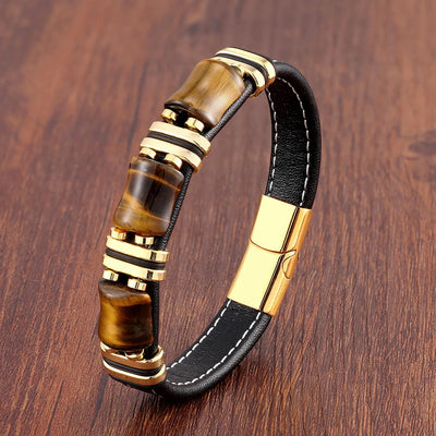 Bracelet homme en cuir avec pierre naturelle Oeil de tigre | Elegant