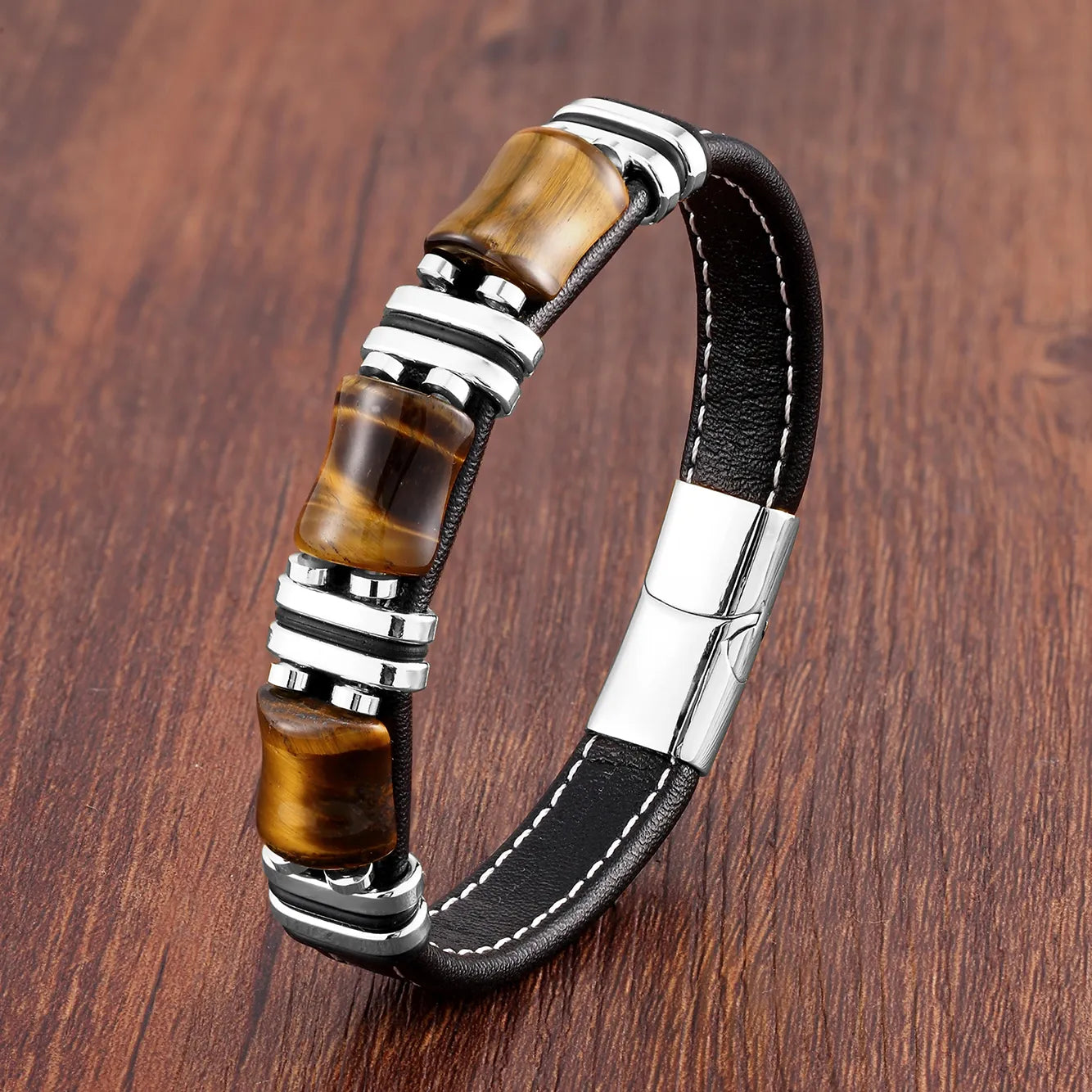 Bracelet homme en cuir avec pierre naturelle Oeil de tigre | Elegant