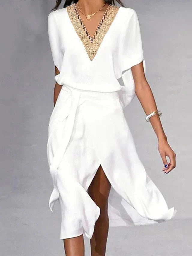 Robe blanche à col en V pour femmes | Midi