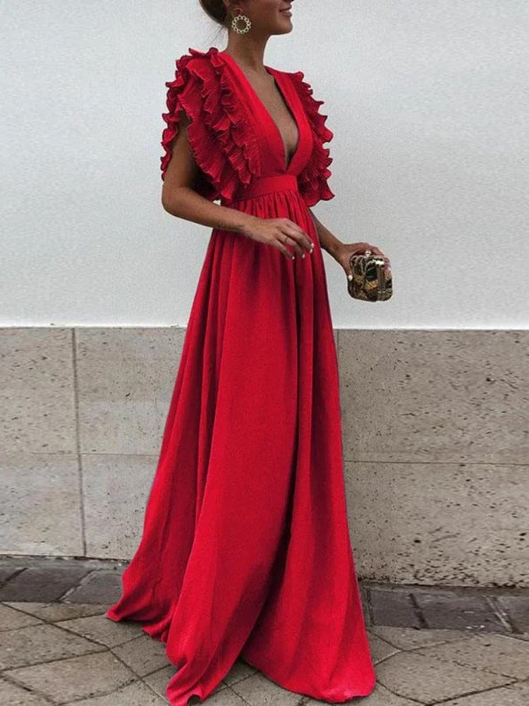Robe élégante à col en V pour femmes | Maxi