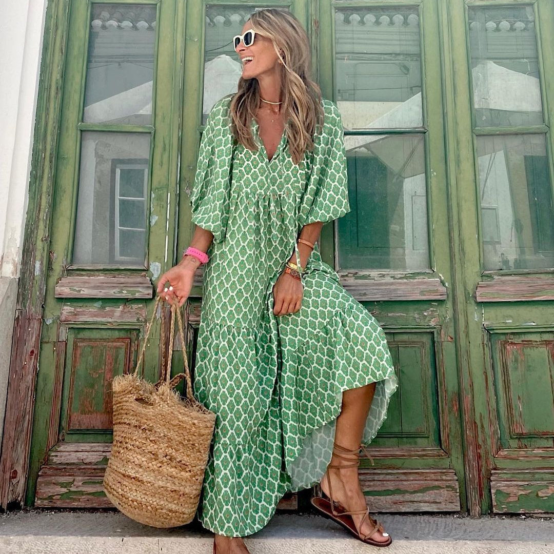 Robe bohémienne à col en V pour femme | Maxi