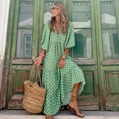 Robe bohémienne à col en V pour femme | Maxi