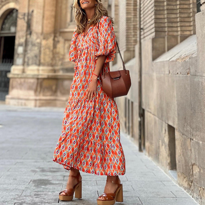 Robe bohémienne à col en V pour femme | Maxi