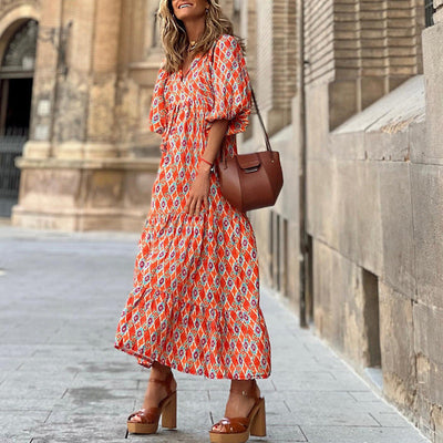 Robe bohémienne à col en V pour femme | Maxi