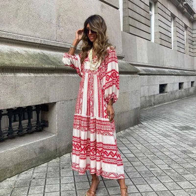 Robe bohémienne à col en V pour femme | Maxi